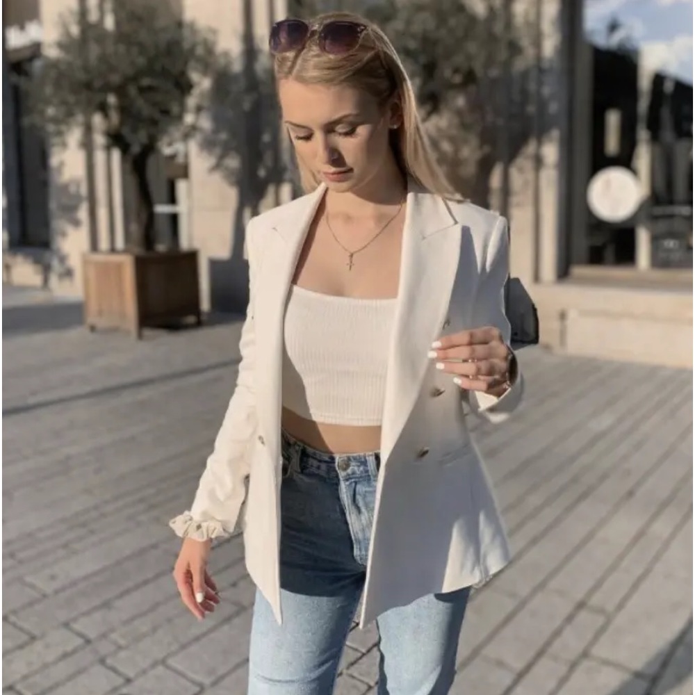 ZARA Pique Tailored Double Breasted Blazer Ecru Gold Buttons #Cybermondaysale